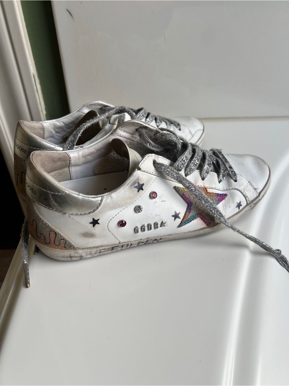 Golden Goose White Sneakers with Multicolor Star Detail